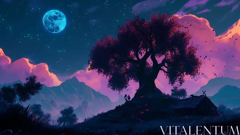 Moonlit fantasy tree above rustic cabin in neon dusk.
