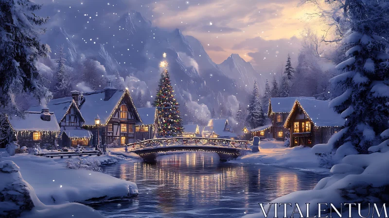 Snowy village bridge glows under a magical Christmas sky