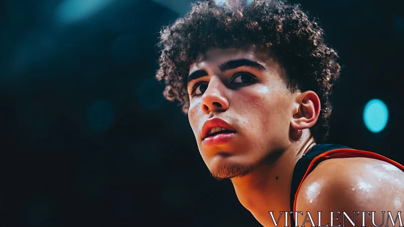 Focused young basketball player under arena lights portrait.