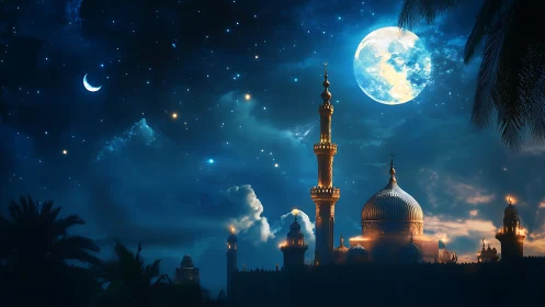 Night sky over illuminated domes and minarets is depicted
