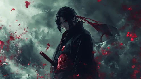 Brooding red-eyed swordsman in stormy crimson petal vortex