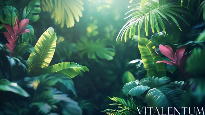 Lush tropical foliage under soft filtered sunlight.