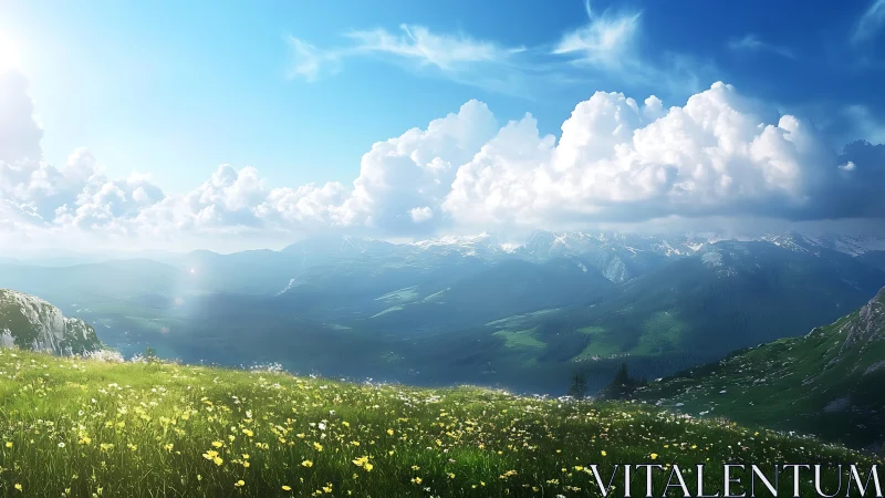 Gentle wildflower meadow opens toward calm distant mountains