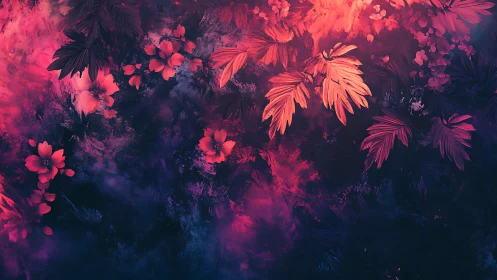 Neon crimson foliage over indigo cosmic gardenscape.