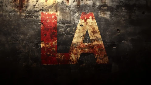 Weathered LA letters on dark textured concrete wall.