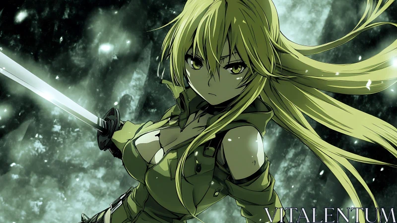 Sword-wielding anime heroine in dynamic green-tinted combat stance