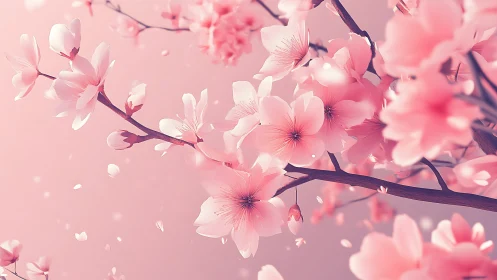 Delicate Pink Blossoms Drift Against Soft Pastel Sky.