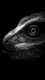 Monochrome reptile portrait with dramatic side lighting.