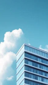 Sunlit glass tower rises calmly into a clear blue sky