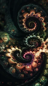 Spiraling bioluminescent fractal shells curve into shadow