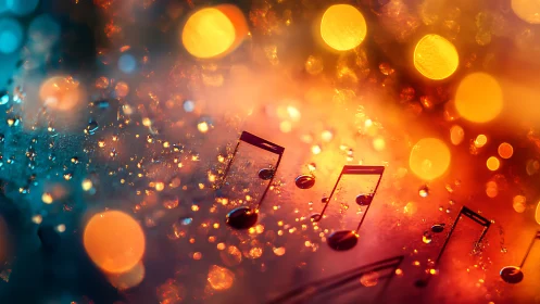 Backlit musical notes refract through bokeh and condensed water