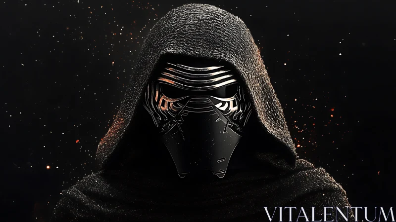 Digital painting portrait of masked hooded warrior in chiaroscuro.