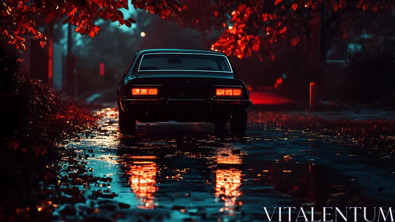 Classic coupe in neon rain with cinematic backlit reflections.