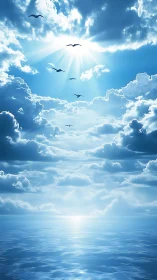 Seabirds in high clouded sky over reflective blue ocean.