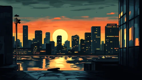 Sunset city skyline reflected across a quiet riverfront.