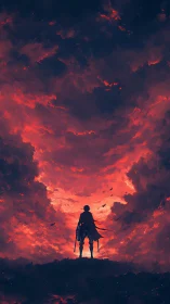 Lone wanderer beneath apocalyptic crimson stormfront.