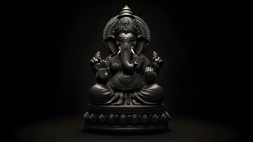 Elegant Black Lord Ganesha Statue in Dramatic Lighting Style.