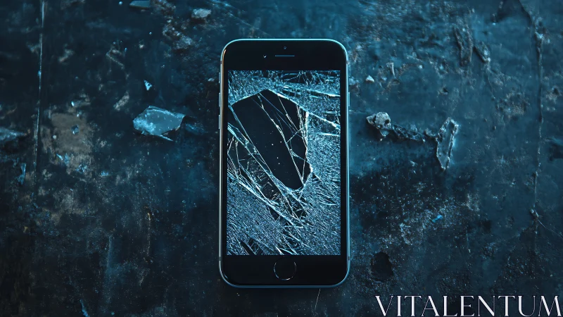 Shattered phone on blue stone turning breakage into pattern.