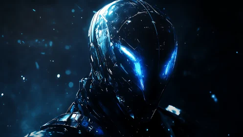 Cybernetic humanoid with luminescent visor dominates dark void