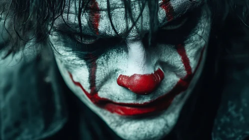 Sinister clown close-up under icy teal shadows of chaos.