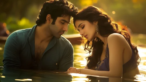 Intimate moment by golden water at sunset.