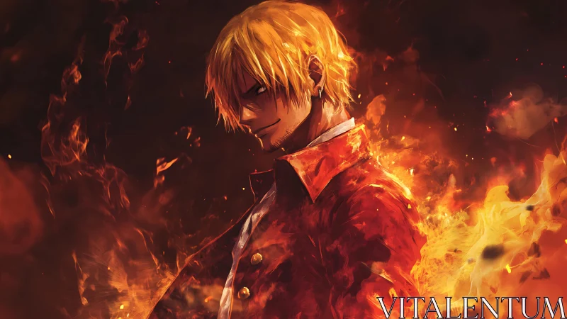 Blond anime antihero engulfed in swirling inferno flames.