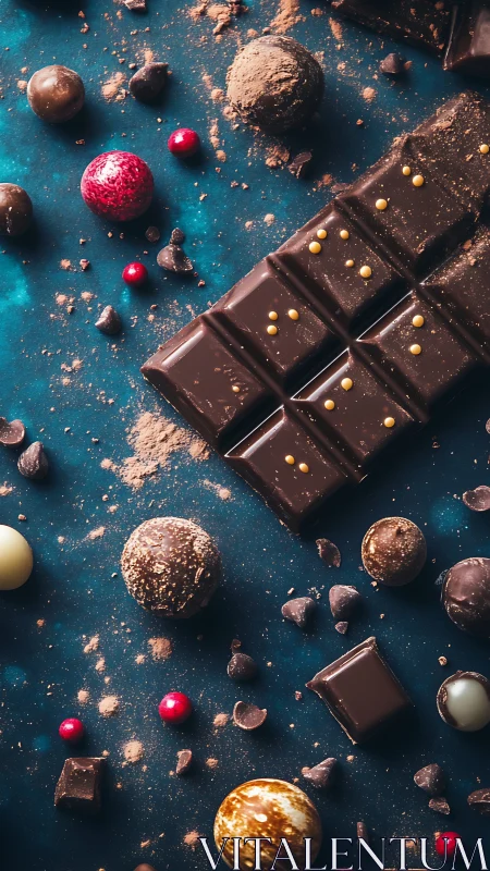 Mixed chocolate confections lie on a blue surface with crumbs