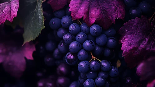 Midnight grapes glowing beneath jewel-toned vineyard leaves.