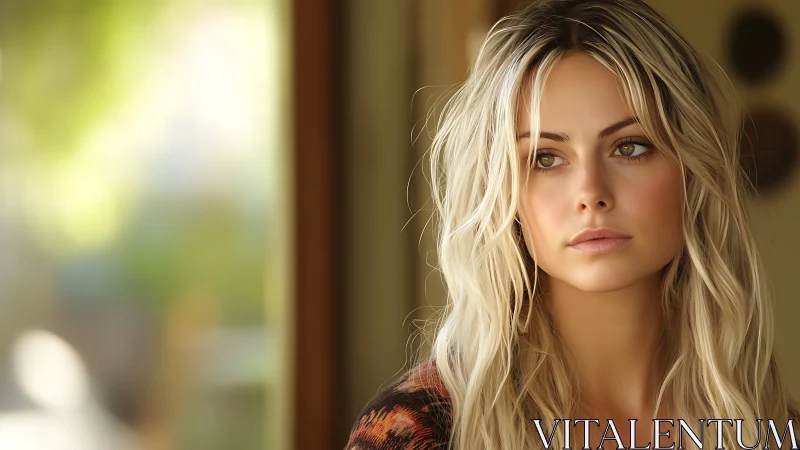 Soft daylight portrait of blonde woman in warm interior.