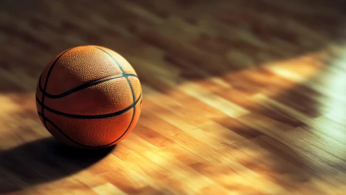 Basketball resting on polished indoor wooden court floor.