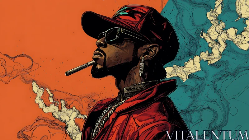 Bold urban portrait in split orange teal backdrop style.