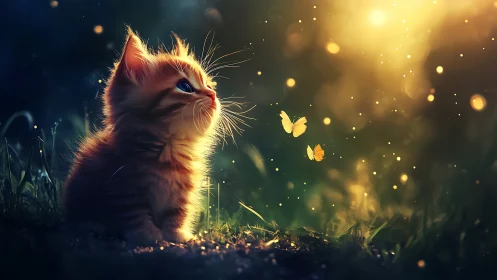 Felis catus with luminescent bokeh and lepidoptera interaction. Golden hour rendering.