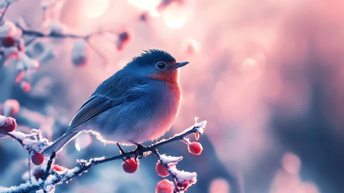 Winter robin on frosty branch in soft pastel light, dreamy style.