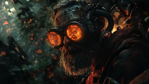 Cybernetic scout with incendiary goggles in dense jungle