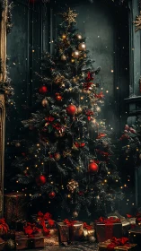 Luxurious dark interior Christmas tree with glowing bokeh lights.