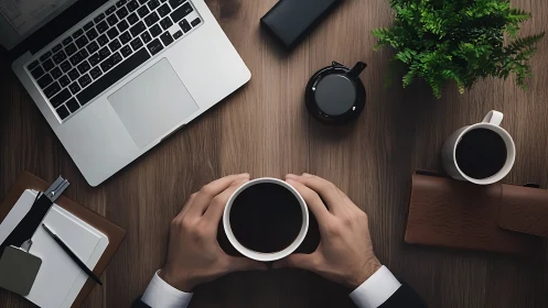 Professional Desktop Workspace with Coffee and Technology Equipment