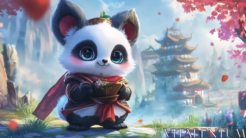 Chibi panda character holds potted plant in fantasy landscape