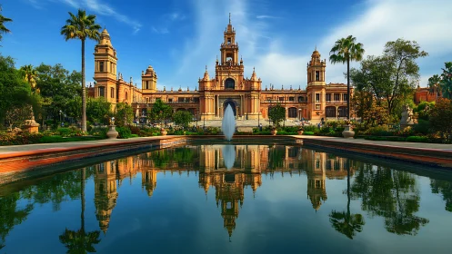 Historic palace facade mirrored in formal garden pool.