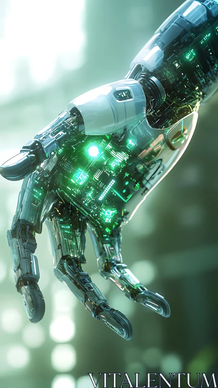 Cyborg hand reveals luminous circuit core in soft bokeh glow