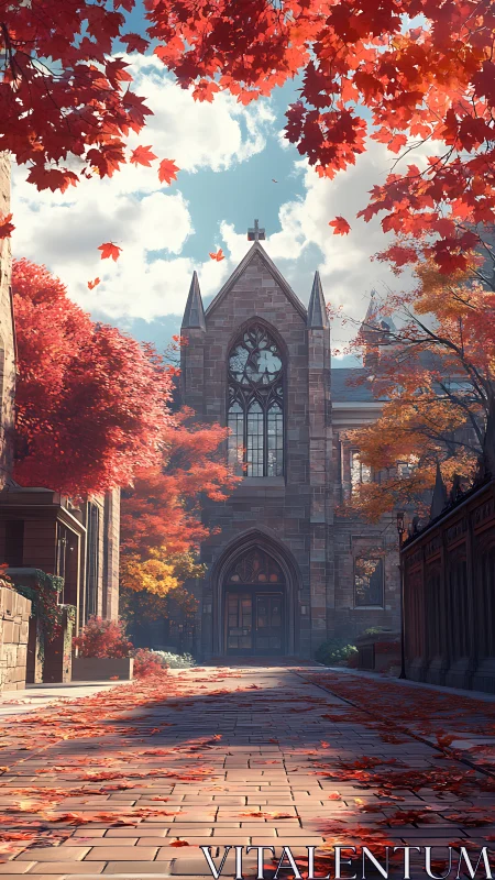 Gothic chapel facade framed by vivid autumn foliage in sunlight