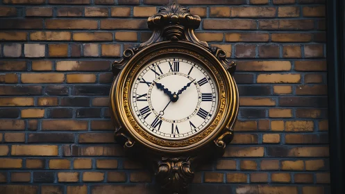 Ornate wall clock with Roman numerals is mounted on brick