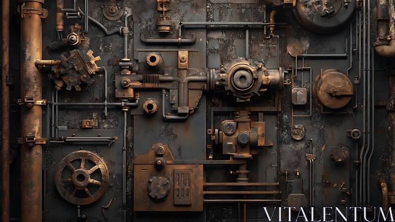 Intricate steampunk machinery panel glows with aged metal detail