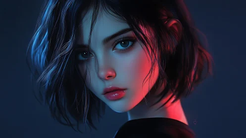 Short haired girl under neon blue and red rim light portrait.