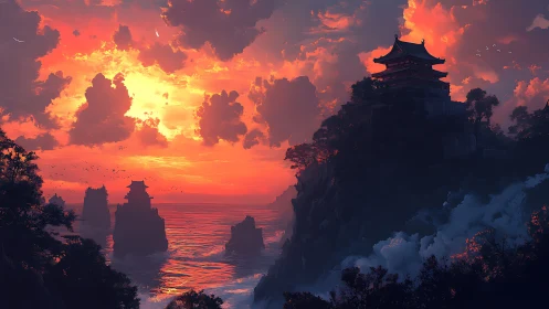 Sunset temple skyline above misty ocean cliffs in ember light.