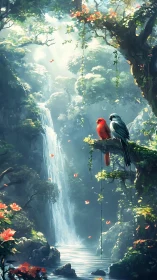 Two colorful birds in lush forest by tall waterfall