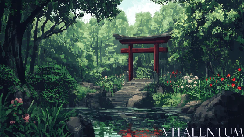 Tranquil pixel forest gate inviting quiet moments of calm.