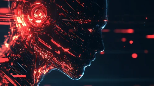 Cybernetic humanoid profile with red neural circuit lattice