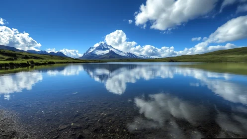 Alpine lake mirror reflects snowcapped peak under cumulus sky