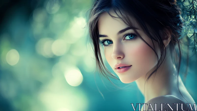 Ethereal blue-eyed portrait glows in dreamy forest light.