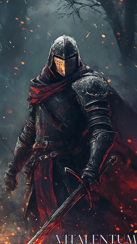 Armored dark knight with flaming sword in ember storm